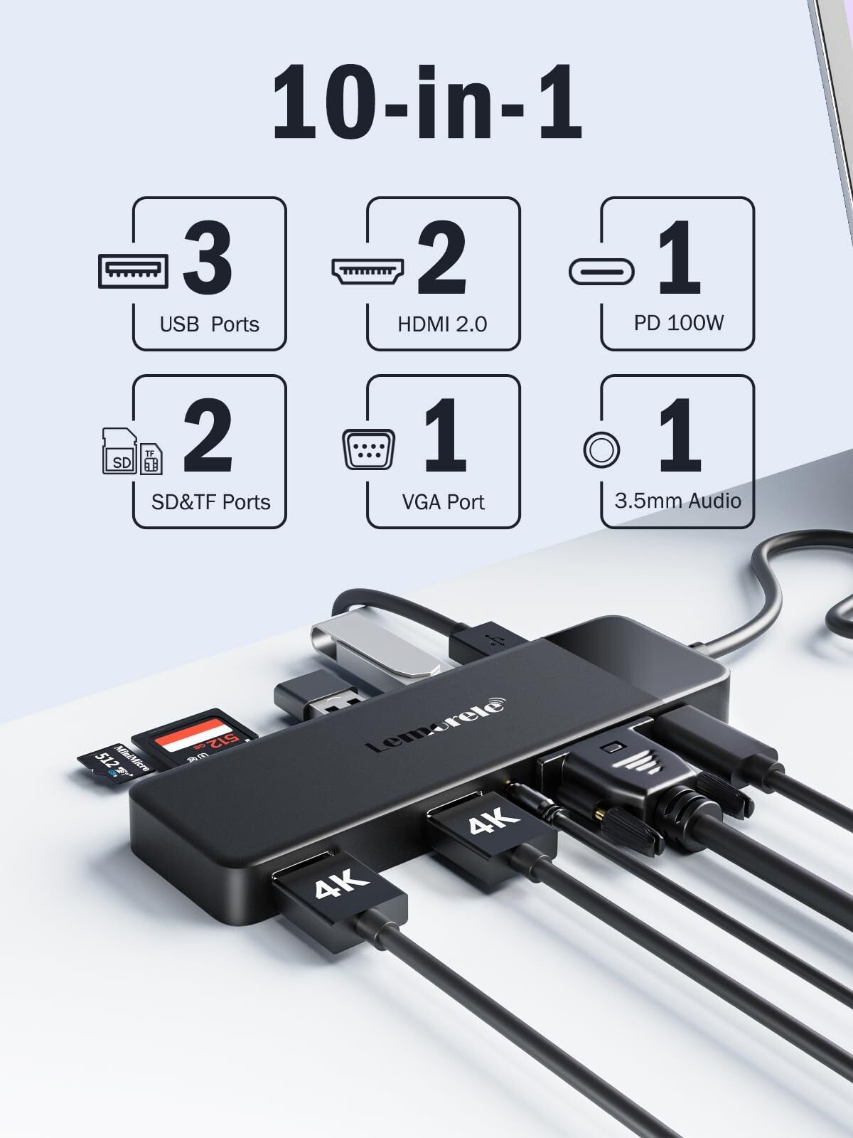 ⛓️💥 Docking Station USB C Hub 3*Display- 10 in 1, Lemorele USB C Dock 2*HDMI Adapter 4K, 3 USB 3.0/2.0, VGA, PD 100W, Audio, SD/TF, for HP Laptops, ThinkPad, MacBook, Surface🖇️